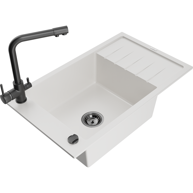 Mexen Elias granitā izlietne ar vienu nodalījumu, novadīšanas un virtuves jaucējkrānu Duero, balta - 6511-20-671600-70