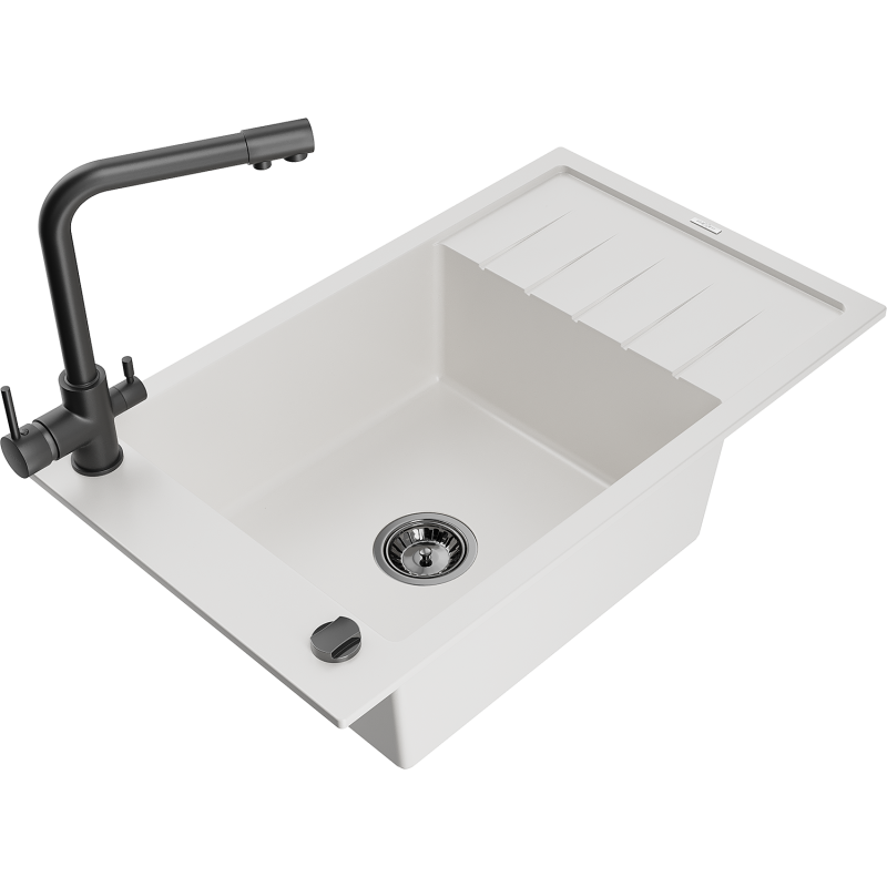 Mexen Elias lavello da cucina in granito 1-vasca con sgocciolatoio e rubinetto da cucina Duero, bianco - 6511-20-671600-70