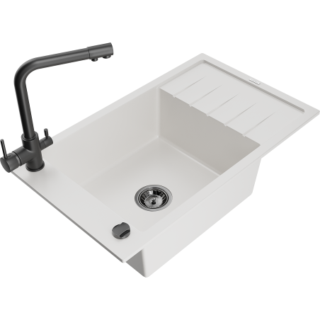Mexen Elias lava-loiça de granito 1-cuba com escorredor e torneira de cozinha Duero, branco - 6511-20-671600-70