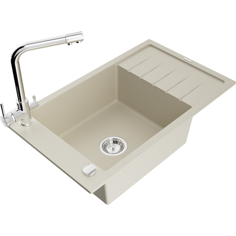 Mexen Elias fregadero de granito de 1 seno con escurridor y grifo de cocina Duero, beige - 6511-69-671600-00