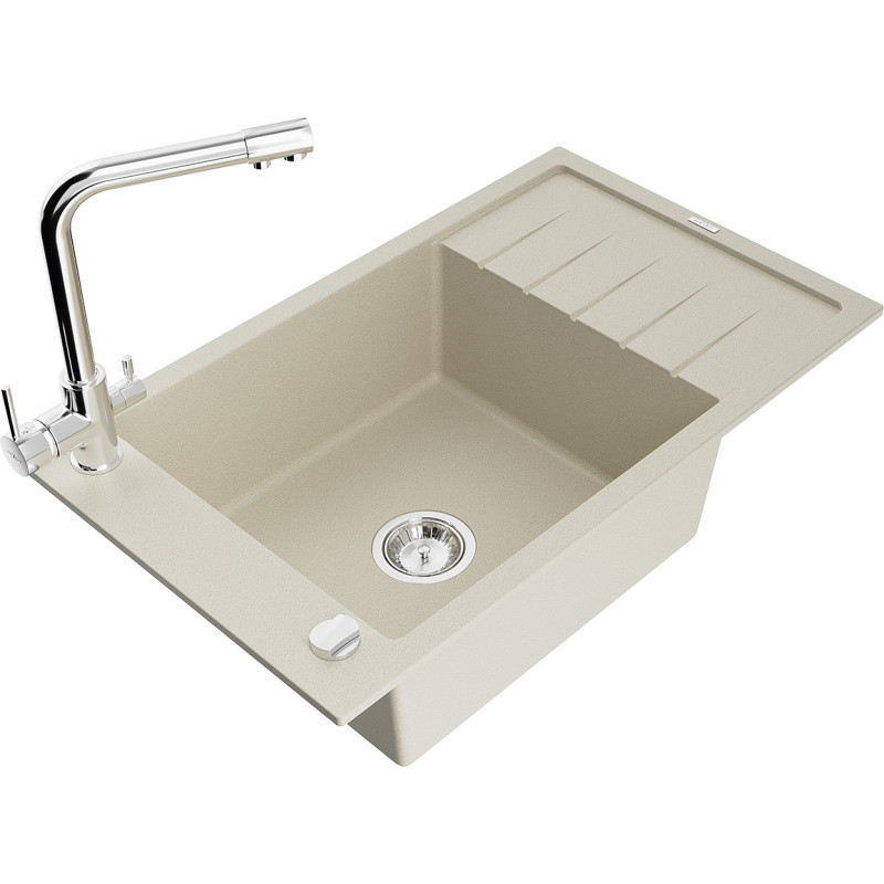 Mexen Elias granitische spoelbak met 1 bak, afdruiprek en keukenmengkraan Duero, beige - 6511-69-671600-00