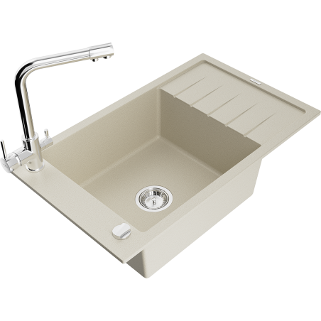 Mexen Elias enkelvoudige granieten gootsteen met afdruipplaat en Duero keukenkraan, beige - 6511-69-671600-00