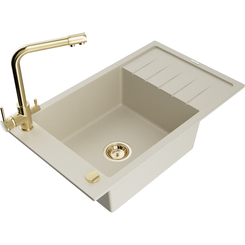 Mexen Elias fregadero de granito de 1 cubeta con escurridor y grifo de cocina Duero, beige - 6511-69-671600-50