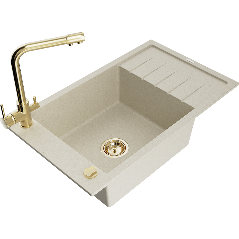 Mexen Elias granite sink with 1 bowl, drainer and Duero kitchen tap, beige - 6511-69-671600-50
