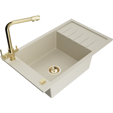 Mexen Elias granieten gootsteen 1-komor met afdruiprek en keukenkraan Duero, beige - 6511-69-671600-50