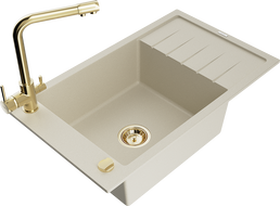 Mexen Elias granite kitchen sink 1-bowl with drainer and Duero kitchen faucet, beige - 6511-69-671600-50