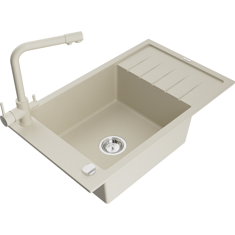 Mexen Elias fregadero de granito de 1 cubeta con escurridor y grifo de cocina Duero, beige - 6511-69-671600-69