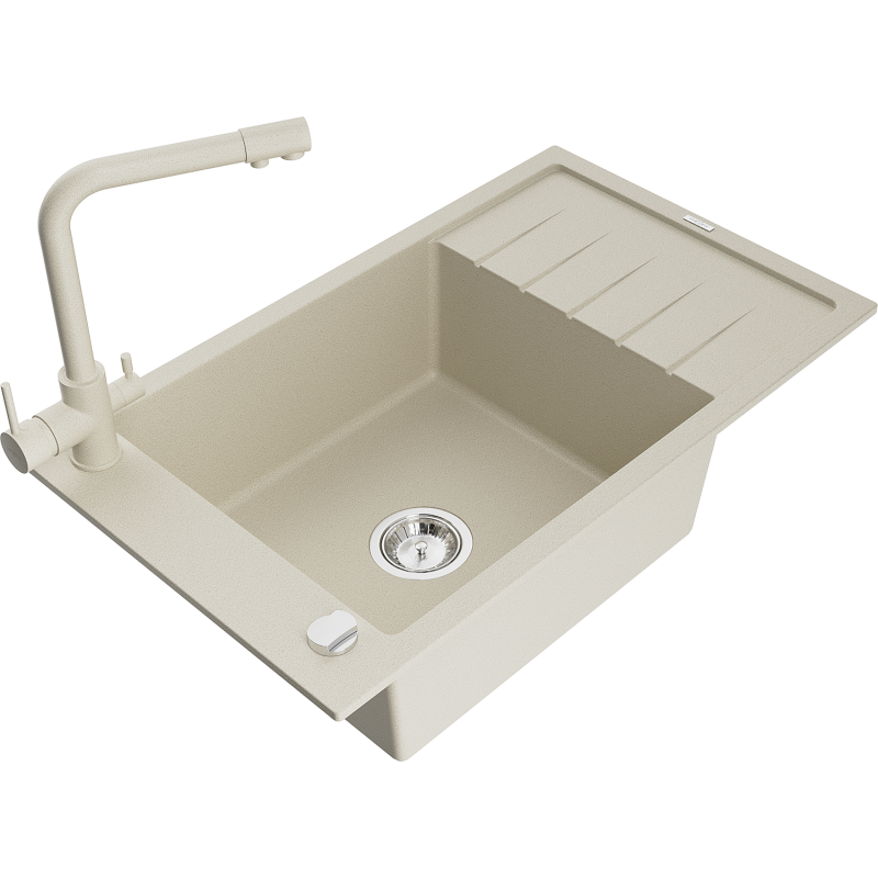 Mexen Elias granite sink 1-bowl with drainer and Duero kitchen tap, beige - 6511-69-671600-69