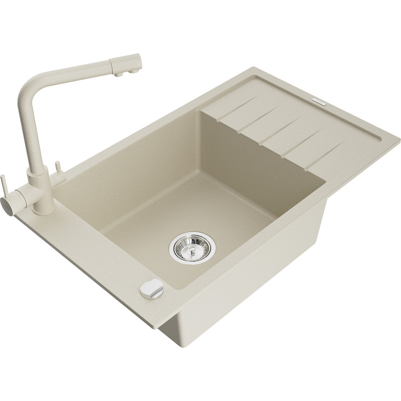 Mexen Elias Granitspüle mit 1 Becken mit Abtropffläche und Küchenarmatur Duero, beige - 6511-69-671600-69