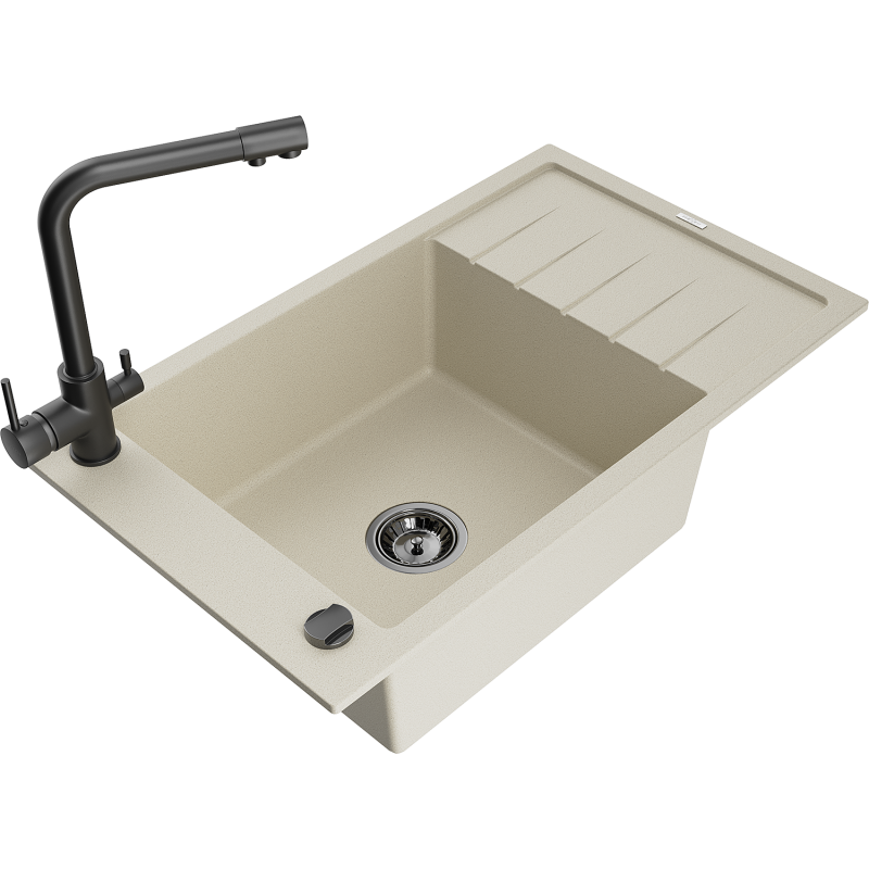 Mexen Elias single-bowl granite sink with drainer and Duero kitchen tap, beige - 6511-69-671600-70