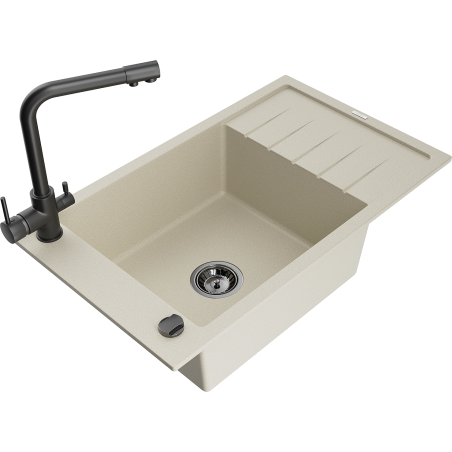 Mexen Elias one-bowl granite sink with drainer and kitchen faucet Duero, beige - 6511-69-671600-70