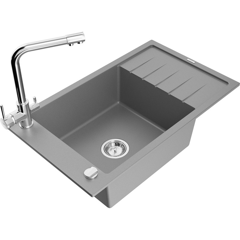 Mexen Elias fregadero de granito de 1 seno con escurridor y grifo de cocina Duero, gris - 6511-71-671600-00