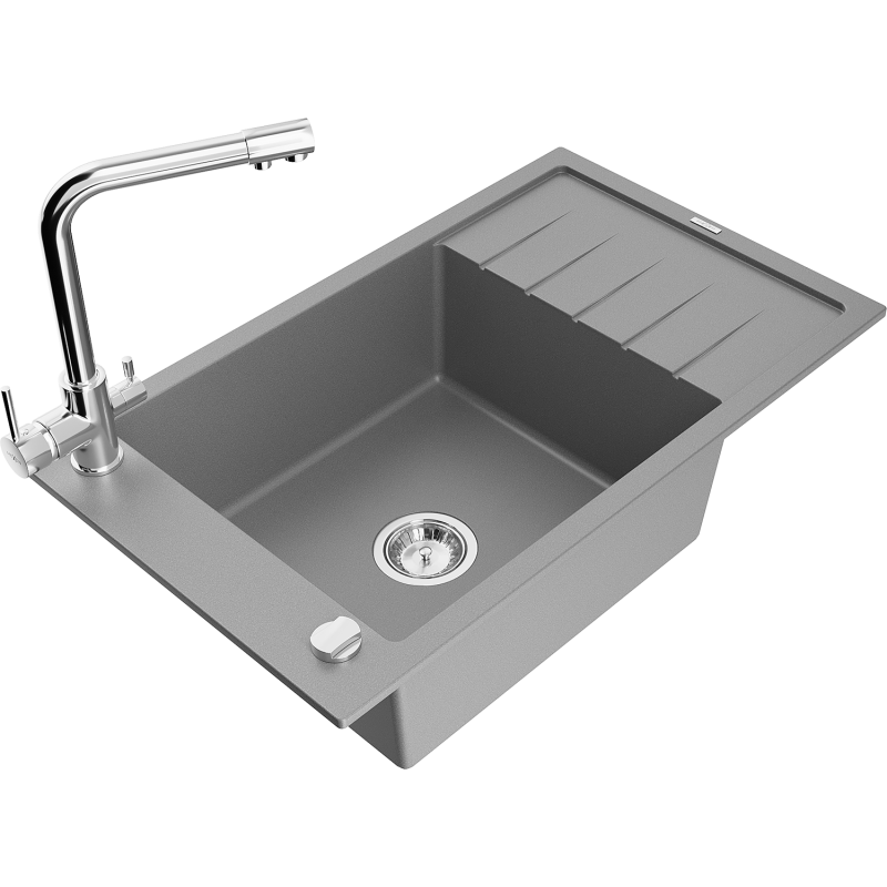 Mexen Elias granite kitchen sink 1-bowl with drainer and Duero kitchen tap, grey - 6511-71-671600-00