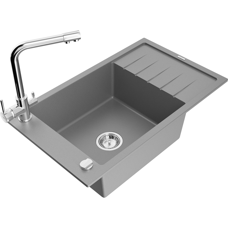 Mexen Elias lava-louça de granito com 1 bacia, escorredor e torneira de cozinha Duero, cinza - 6511-71-671600-00