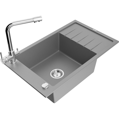 Mexen Elias granite kitchen sink 1-bowl with drainer and Duero kitchen tap, grey - 6511-71-671600-00