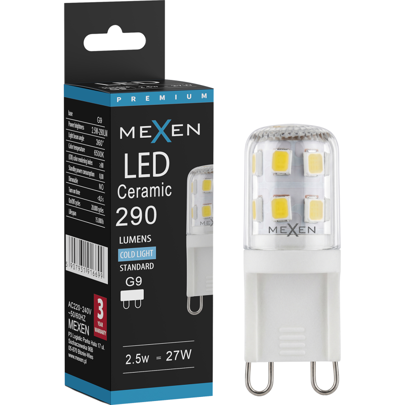 Mexen Aura LED-lamppu G9, 2,5W, Kylmä - 6500K, 290 lm - L121-G9-0265-01