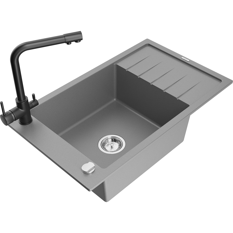 Mexen Elias fregadero de granito de 1 cubeta con escurridor y grifo de cocina Duero, gris - 6511-71-671600-70