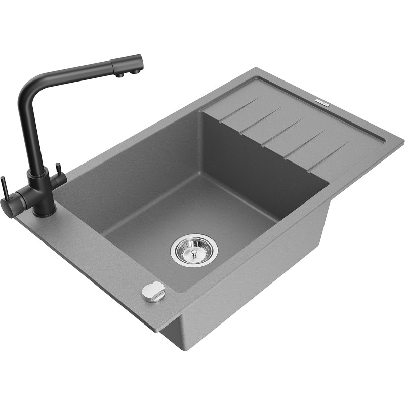 Mexen Elias fregadero de granito de 1 seno con escurridor y grifo de cocina Duero, gris - 6511-71-671600-70