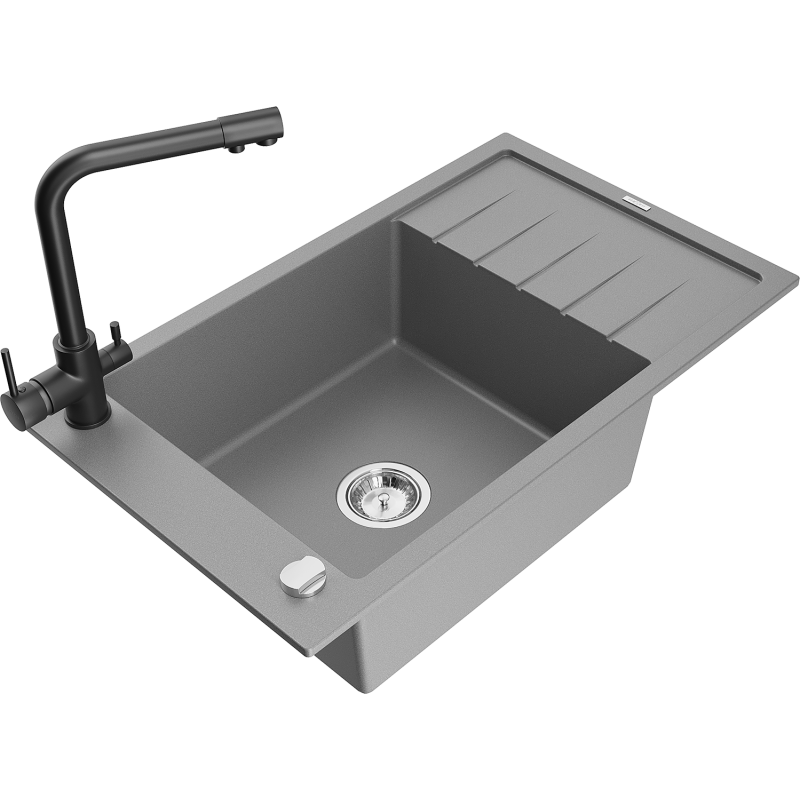 Mexen Elias granitdiskho med 1 fack och avrinningsbricka och köksblandare Duero, grå - 6511-71-671600-70