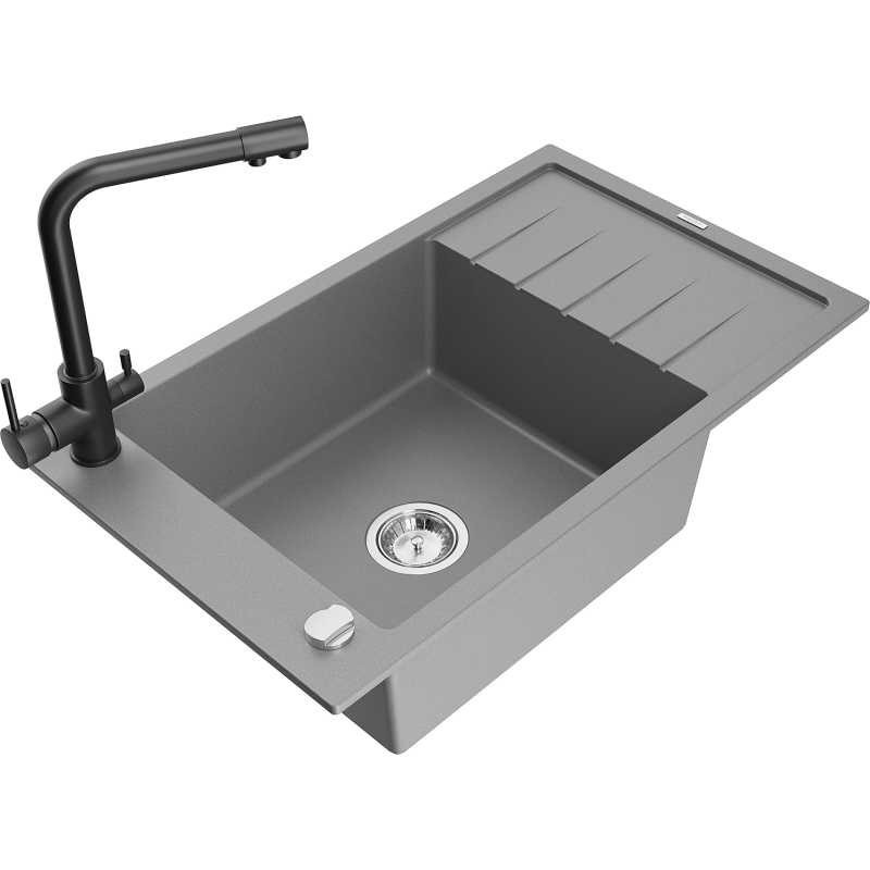 Mexen Elias lavello in granito a 1 vasca con sgocciolatoio e rubinetto da cucina Duero, grigio - 6511-71-671600-70