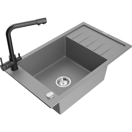 Mexen Elias fregadero de granito de 1 cubeta con escurridor y grifo de cocina Duero, gris - 6511-71-671600-70