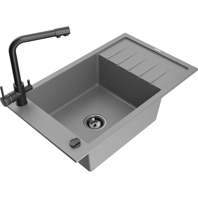 Mexen Elias granitdiskbänk med 1 fack med avrinning och köksblandare Duero, grå - 6511-71-671600-70-B