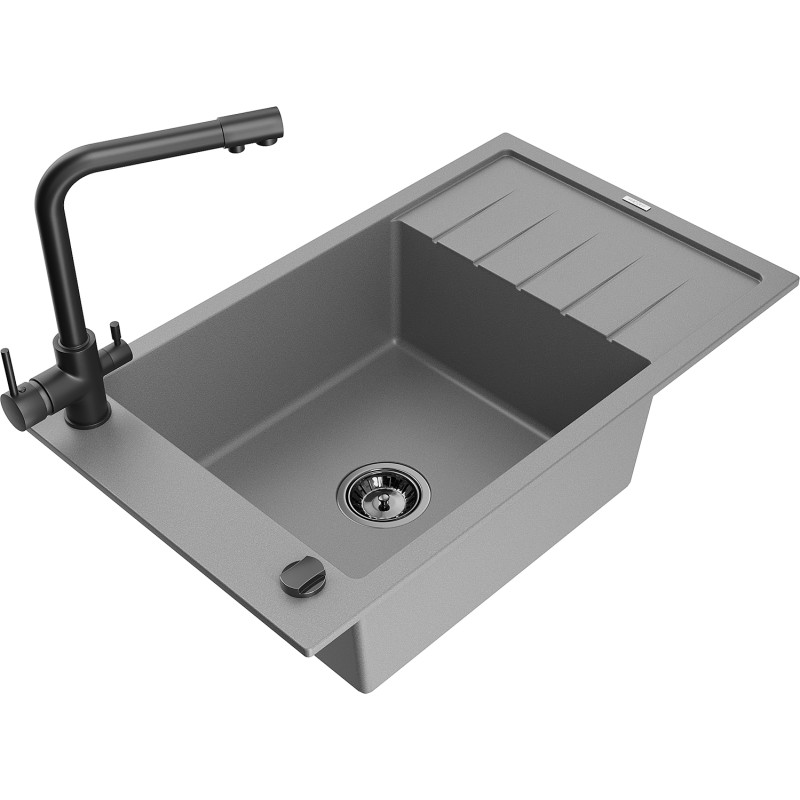 Mexen Elias granitische spoelbak 1-compartiment met afdruiprek en keukenkraan Duero, grijs - 6511-71-671600-70-B