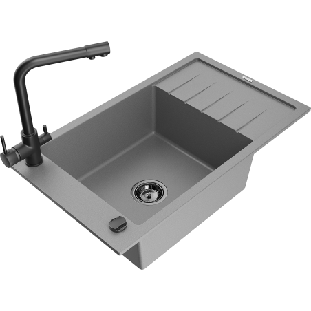 Mexen Elias granite 1-bowl kitchen sink with drainer and Duero kitchen faucet, gray - 6511-71-671600-70-B