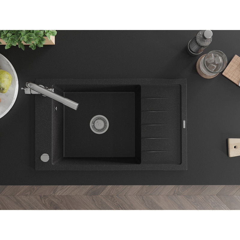 Mexen Elias granite sink 1-bowl with drainer and Duero kitchen tap, black/silver metallic - 6511-73-671600-00