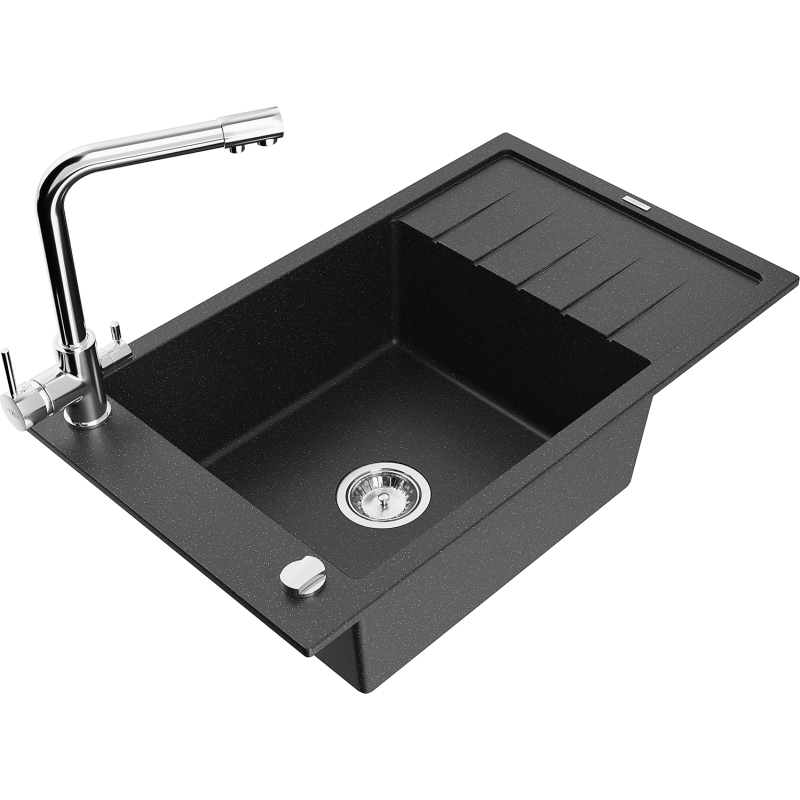 Mexen Elias Graniitti yksikammioinen tiskiallas kuivaustasolla ja keittiöhana, Duero, musta/hopean metallinhohto