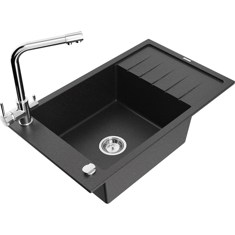 Mexen Elias granite sink 1-bowl with drainer and Duero kitchen tap, black/silver metallic - 6511-73-671600-00