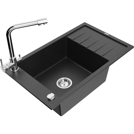 Mexen Elias granite sink 1-bowl with drainer and Duero kitchen tap, black/silver metallic - 6511-73-671600-00