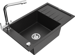 Mexen Elias 1-bowl granite sink with drainer and Duero kitchen faucet, black/silver metallic finish - 6511-73-671600-00