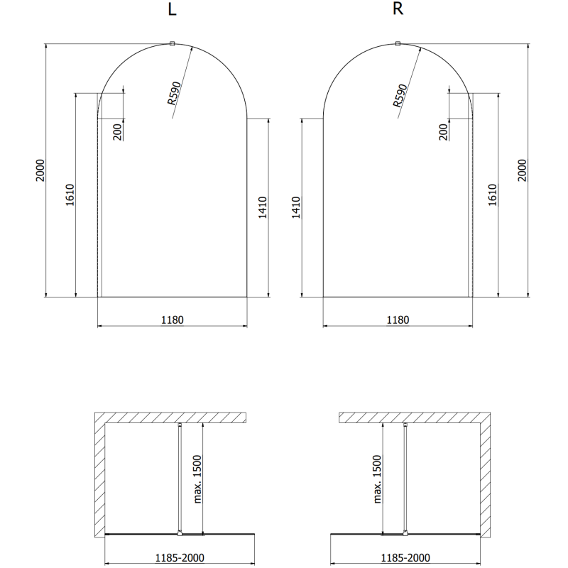 Mexen Kioto-Q Walk-in Shower Wall 120 x 200 cm, Transparent 8 mm, Brushed Gold - 800-120-101-55-00-Q