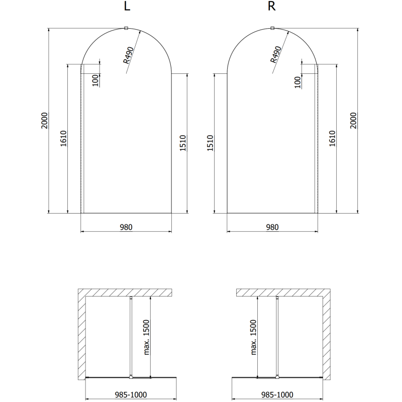 Mexen Kioto-Q Walk-in Shower Wall 100 x 200 cm, Transparent 8 mm, Rose Gold - 800-100-101-60-00-Q