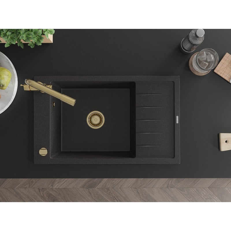 Mexen Elias évier en granit 1-bac avec égouttoir et robinet de cuisine Duero, noir/argent métallisé - 6511-73-671600-50