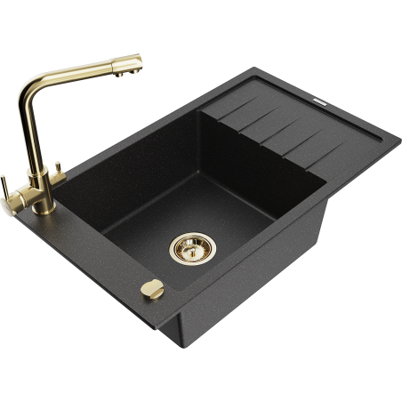 Mexen Elias lavello in granito a 1 vasca con scolapiatti e rubinetto da cucina Duero, nero/argento metallizzato