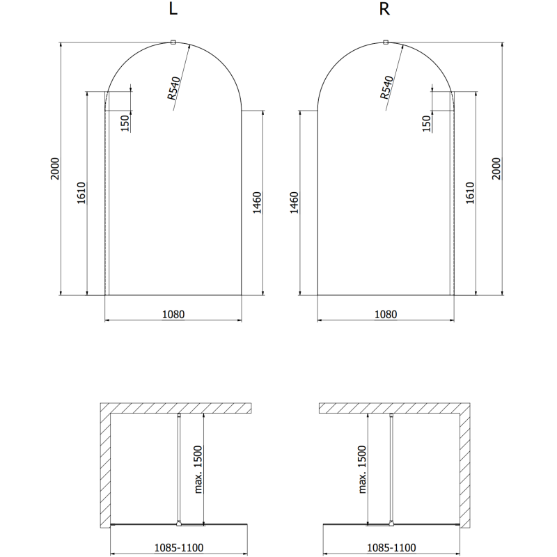 Mexen Kioto-Q Walk-in Shower Wall 110 x 200 cm, Transparent 8 mm, Brushed Copper - 800-110-101-65-00-Q