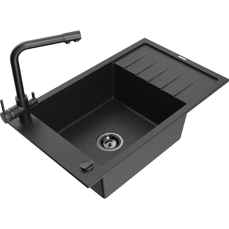 Mexen Elias lava-loiça em granito de 1 cuba com escorredor e torneira de cozinha Duero, preto/metalizado prateado