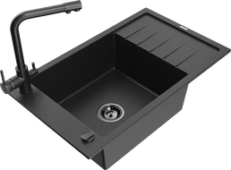 Mexen Elias granieten spoelbak met 1 bak, afdruiprek en Duero keukenkraan, zwart/zilver metallic - 6511-73-671600-70-B