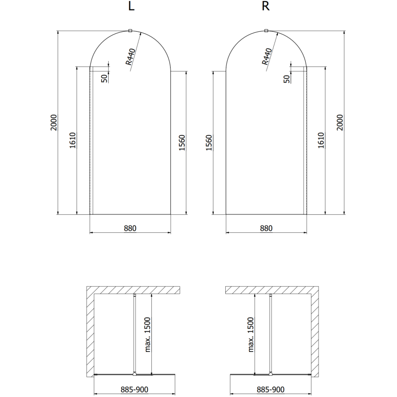 Mexen Kioto-Q διαχωριστικό ντουζιέρας Walk-in 90 x 200 cm, διαφανές 8 mm, γκρι όπλου
