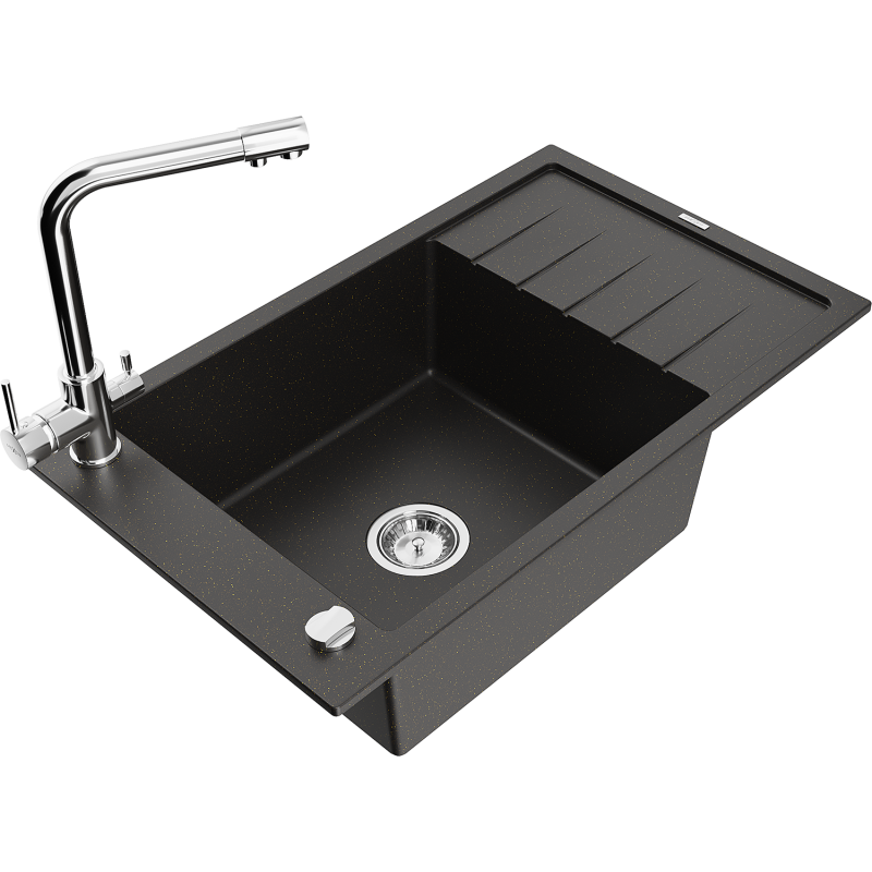 Mexen Elias granitdiskho med 1 kammare med avrinningsyta och köksblandare Duero, svart/guld metallik - 6511-75-671600-00