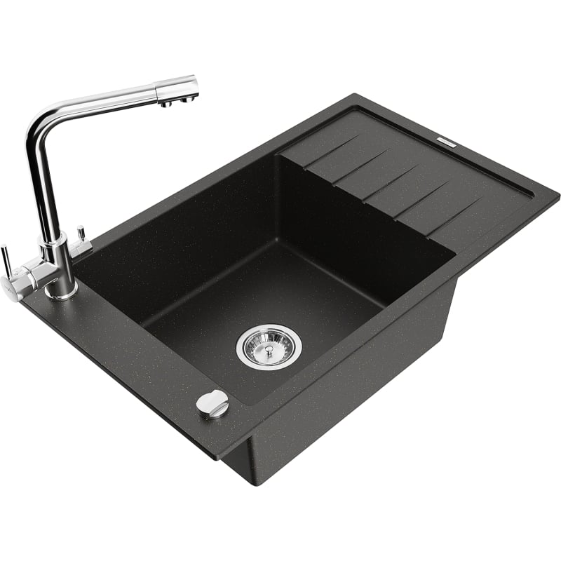 Mexen Elias granite single-bowl sink with drainer and Duero kitchen faucet, black/gold metallic - 6511-75-671600-00