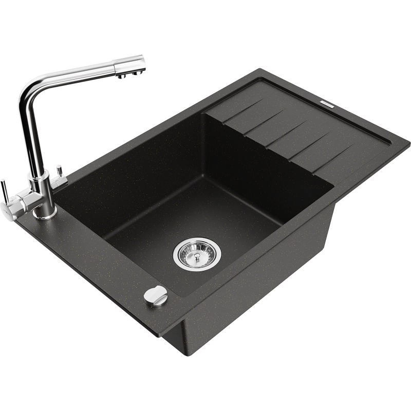 Mexen Elias granite sink single-bowl with drainer and Duero kitchen tap, black/golden metallic - 6511-75-671600-00