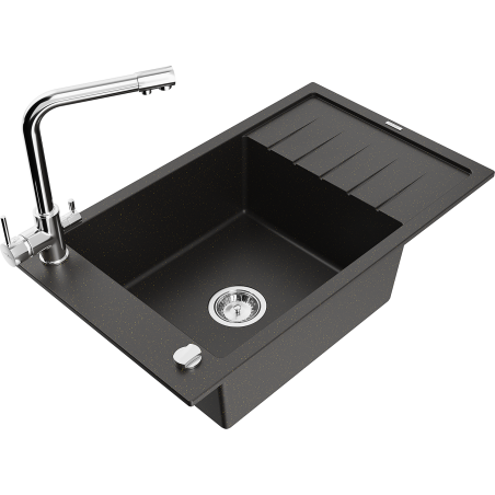 Mexen Elias granite single-bowl sink with drainer and Duero kitchen faucet, black/gold metallic - 6511-75-671600-00