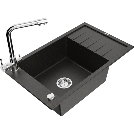 Mexen Elias granite sink single-bowl with drainer and Duero kitchen tap, black/golden metallic - 6511-75-671600-00