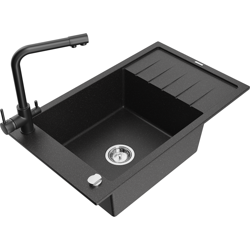Mexen Elias Granitspüle 1-Becken mit Abtropffläche und Küchenarmatur Duero, Schwarz/Silber Metallic - 6511-73-671600-70