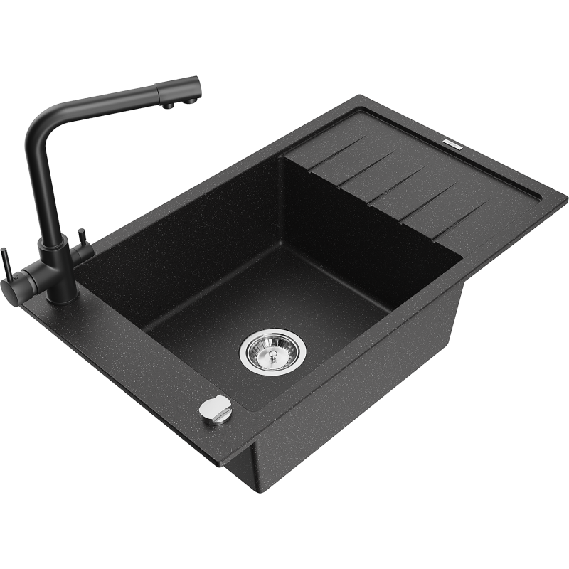 Mexen Elias lava-louças de granito 1-cuba com escorredor e torneira de cozinha Duero, preto/metálico prateado