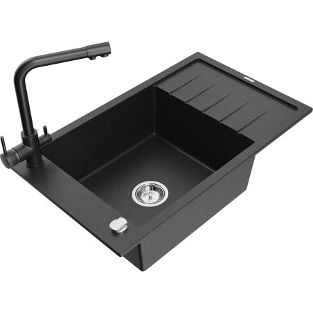 Mexen Elias 1-bowl granite sink with drainer and Duero kitchen faucet, black/silver metallic - 6511-73-671600-70