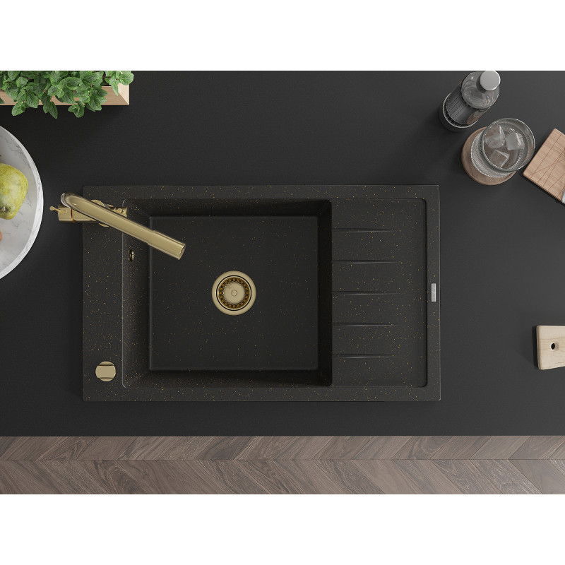 Mexen Elias granitho diskho med 1 ho med avrinningsyta och köksblandare Duero, svart/guld metallic - 6511-75-671600-50